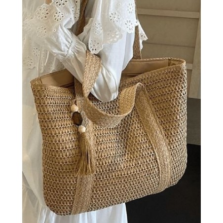 Sac cabas en raphia tressé avec pompon